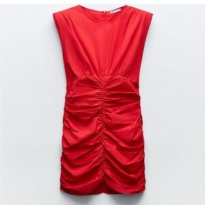 Zara red cotton shirred ruched mini dress